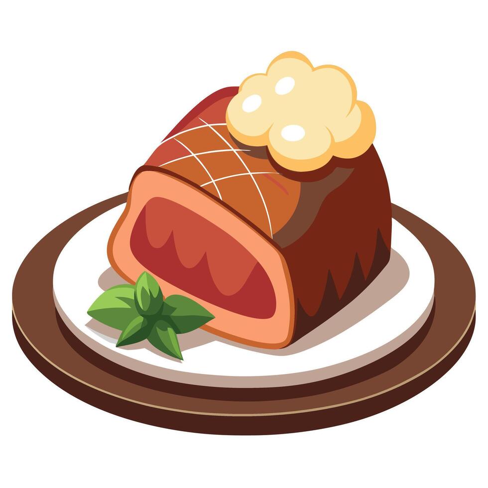 Delicious roasted medium rare prime rib on a plate served with mashed potatoes. Traditional American vector