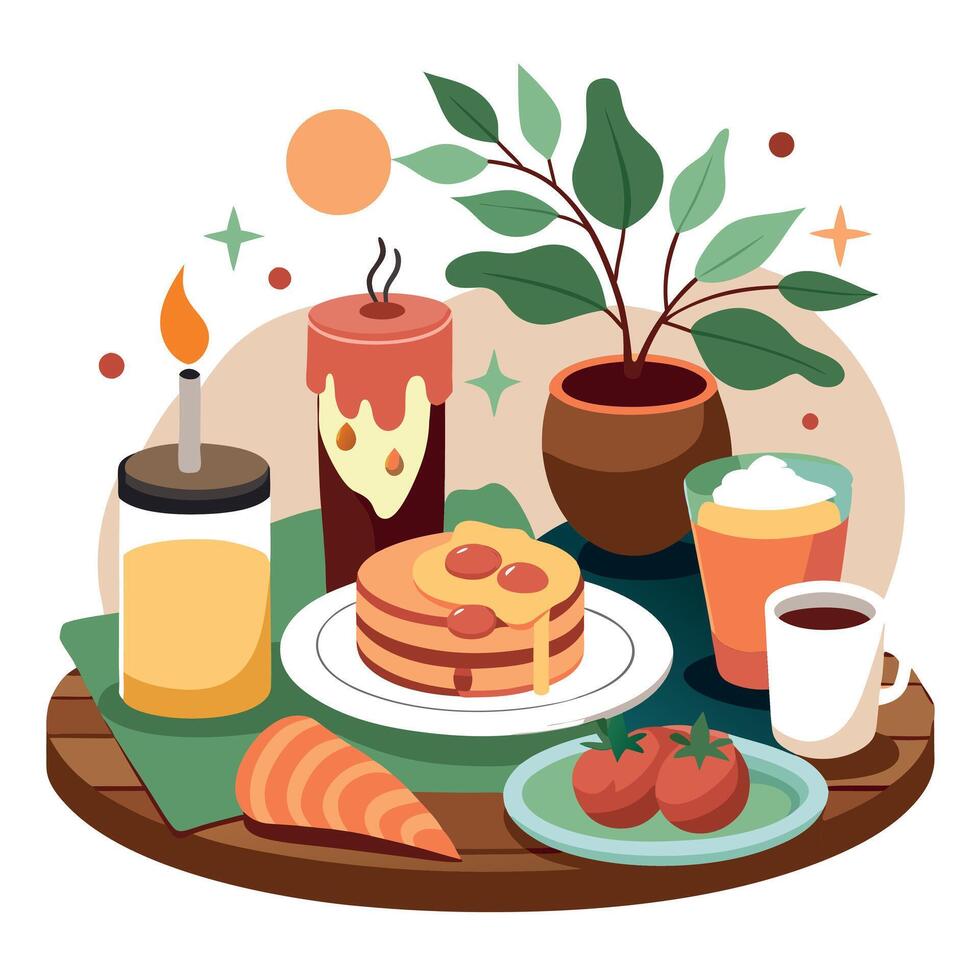 A cozy breakfast setting with pancakes. bacon. coffee. juice. and pastries on a rustic wooden table. vector