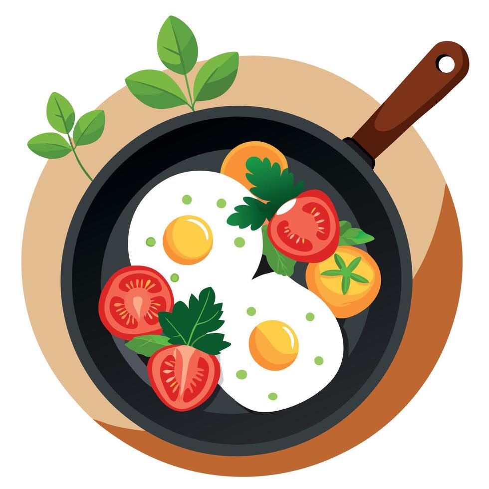 Delicious fried eggs with seasoned potatoes in a skillet. garnished with fresh parsley. and tomatoes vector