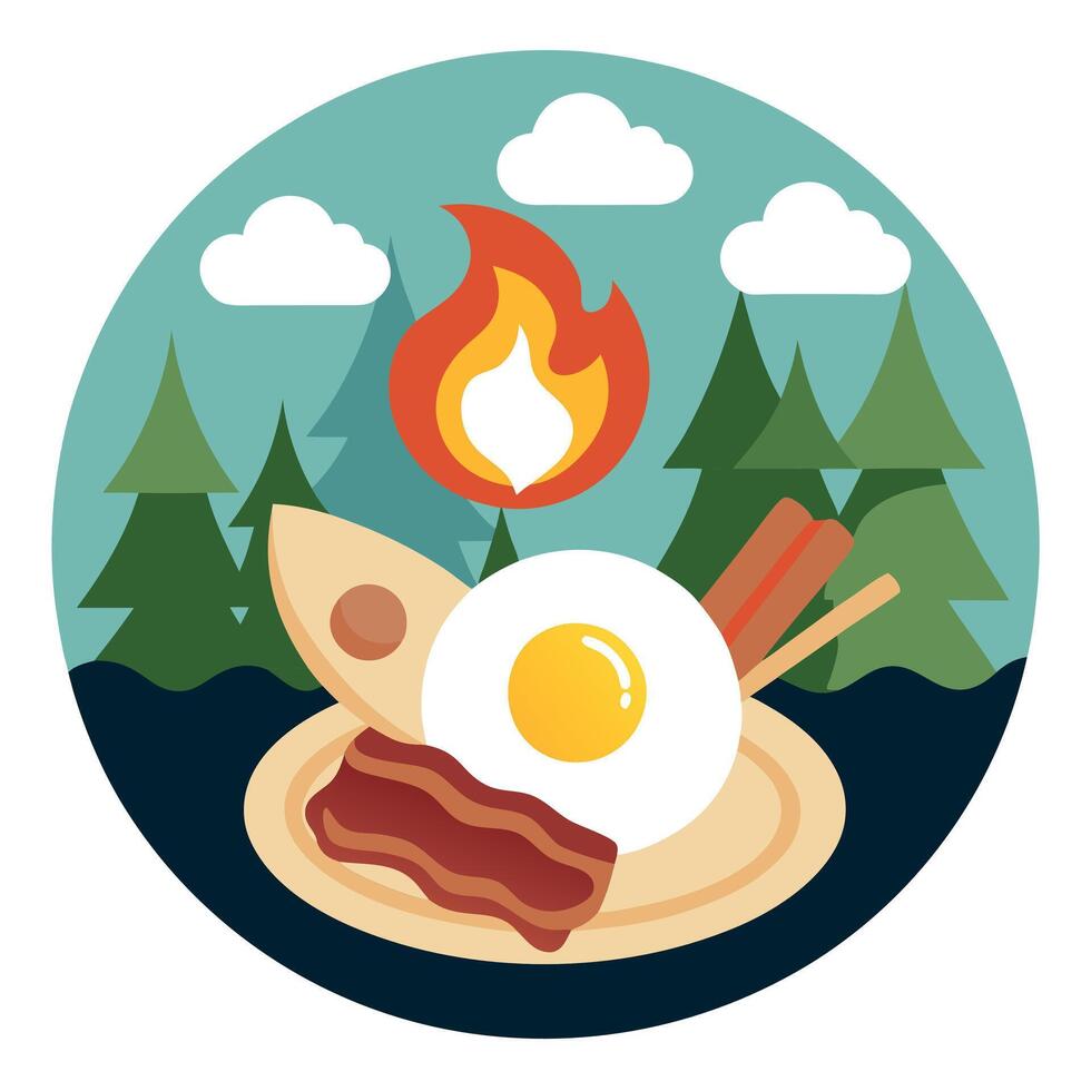 Fried eggs and bacon cooking over a campfire. The photo depicts a delicious breakfast cooked outdoor vector