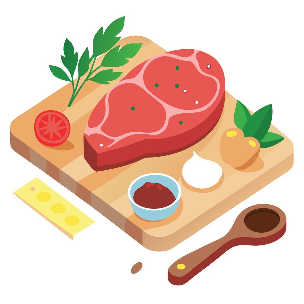 High angle view of a raw fresh beef steak on a wooden cutting board surrounded by various ingredient vector