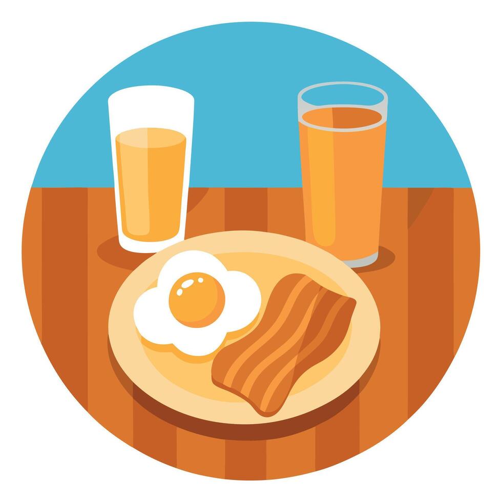 A plate of bacon and eggs sits on a wooden table next to a glass of orange juice. The plate is white vector