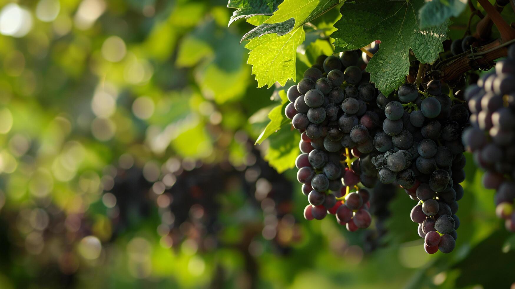 Ripe grapes hanging on a vine branch vineyard autumn harvest copy space background photo