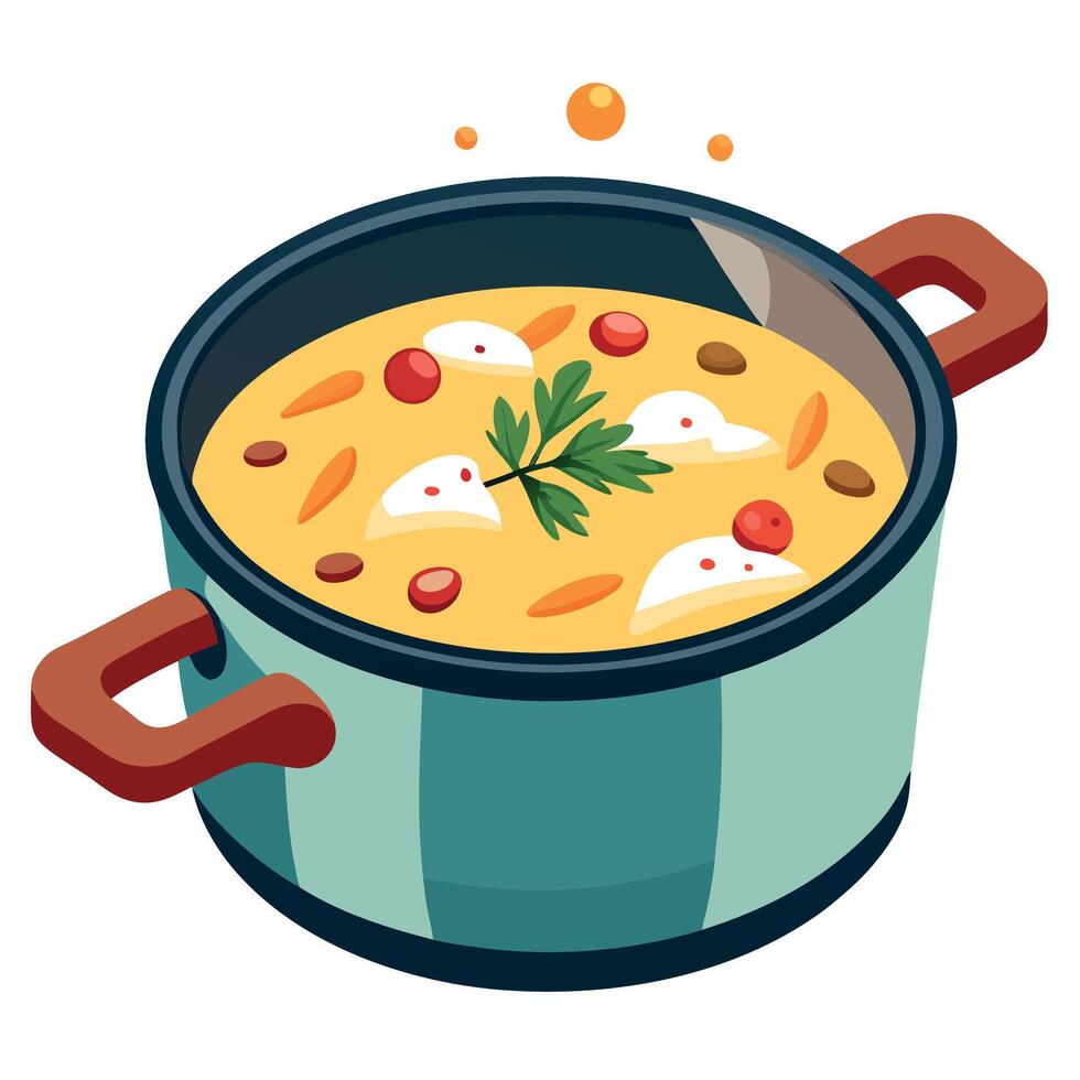 Creamy corn chowder fresh herbs crispy bacon bits. yellow. vegetables. meal. dinner. lunch. recipe. vector