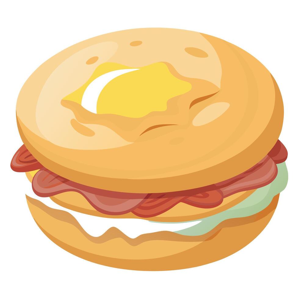 Freshly toasted English muffin filled with crispy smoked bacon. fried egg. and melted cheddar cheese vector