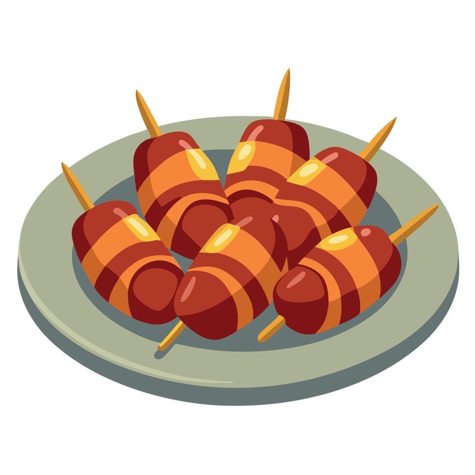 Deliciously sizzling bacon wrapped dates crispy edges sweet filling perfect appetizers party snacks. vector