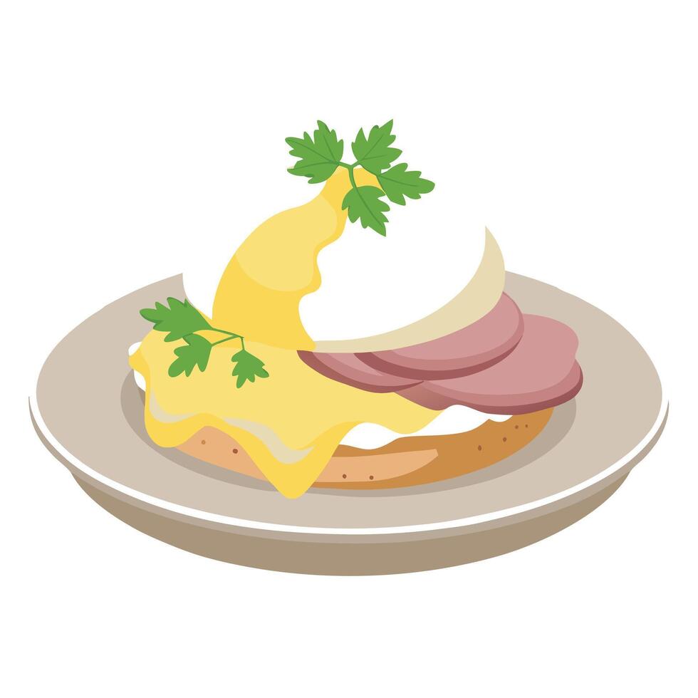 Classic eggs benedict with sliced ham. drizzled hollandaise sauce on a toasted bun served on a plate vector