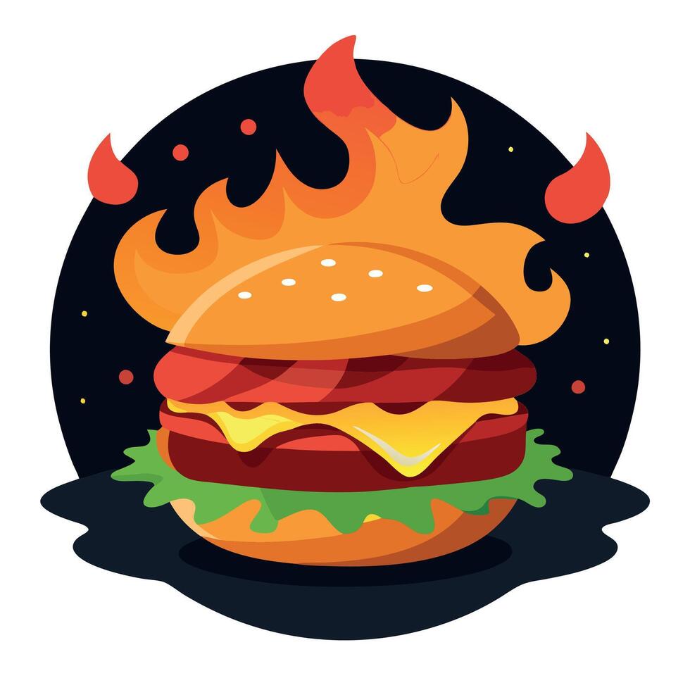 Close-up of a delicious. fiery grilled burger with lettuce. cheese. and bacon. surrounded by flames vector