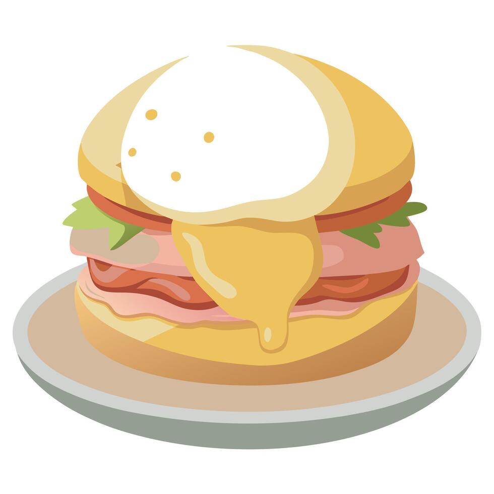 Classic eggs Benedict with poached eggs. Canadian bacon. and hollandaise sauce on an English muffin. vector