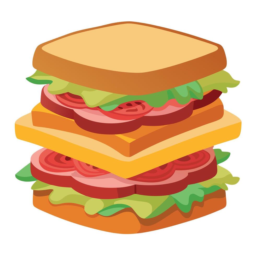 Delicious stacked sandwich with layers of bacon. ham. cheese. and fresh vegetables on toasted bread. vector