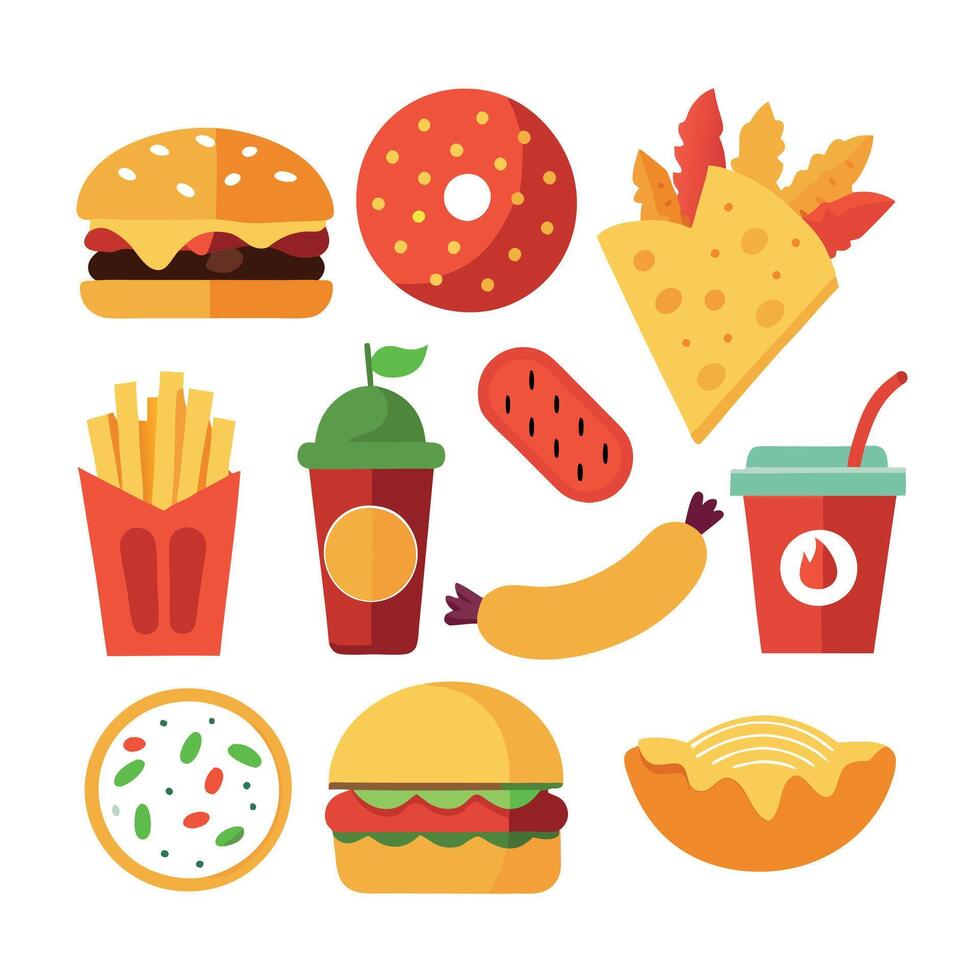 A collection of fast food items isolated on white background. Fried chicken. fries. pizza. sandwich. vector
