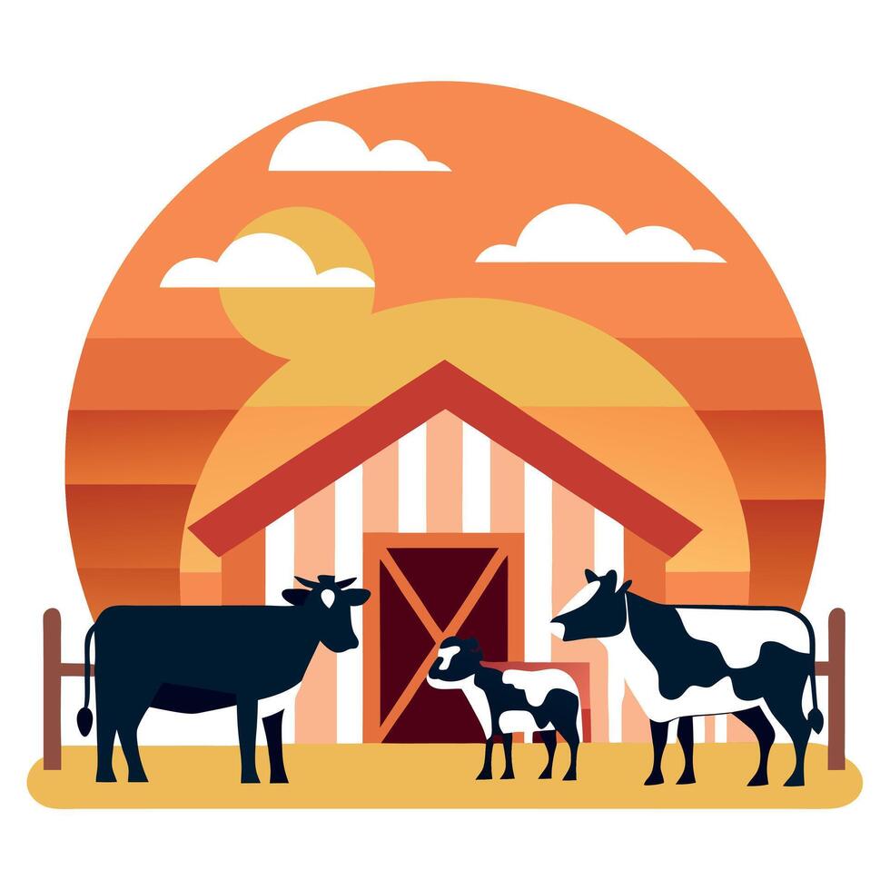 Cows in Barn at Sunrise vector