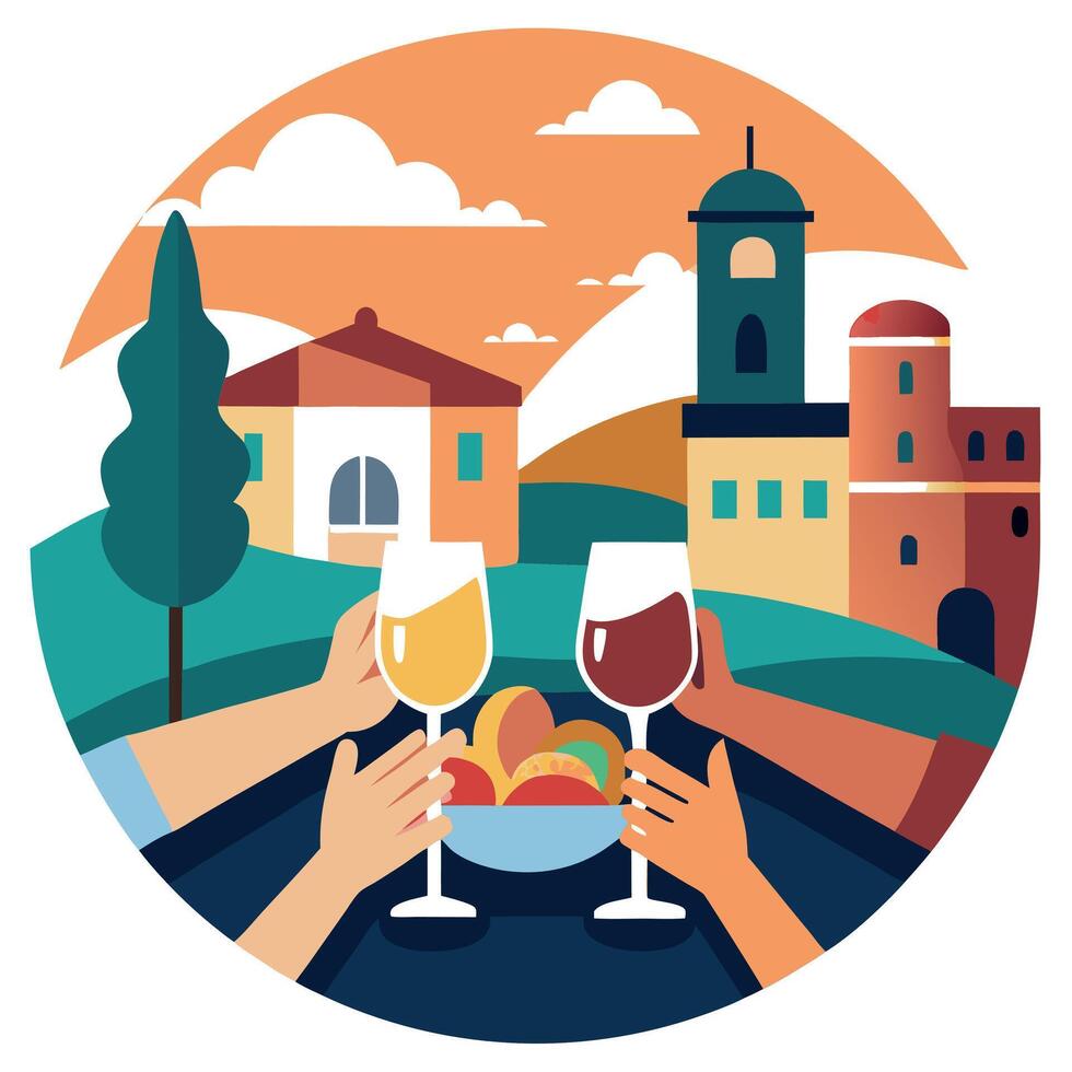 Couple enjoying food in an Italian street restaurant on the sunset. Close up photo of people's hands vector