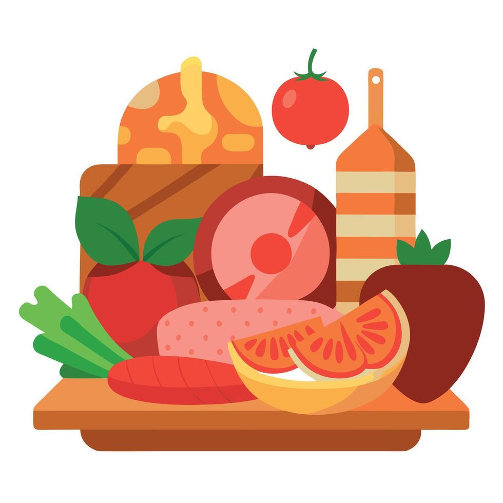 A variety of meats and vegetables are displayed on a wooden table. The meats include bacon. sausage. vector