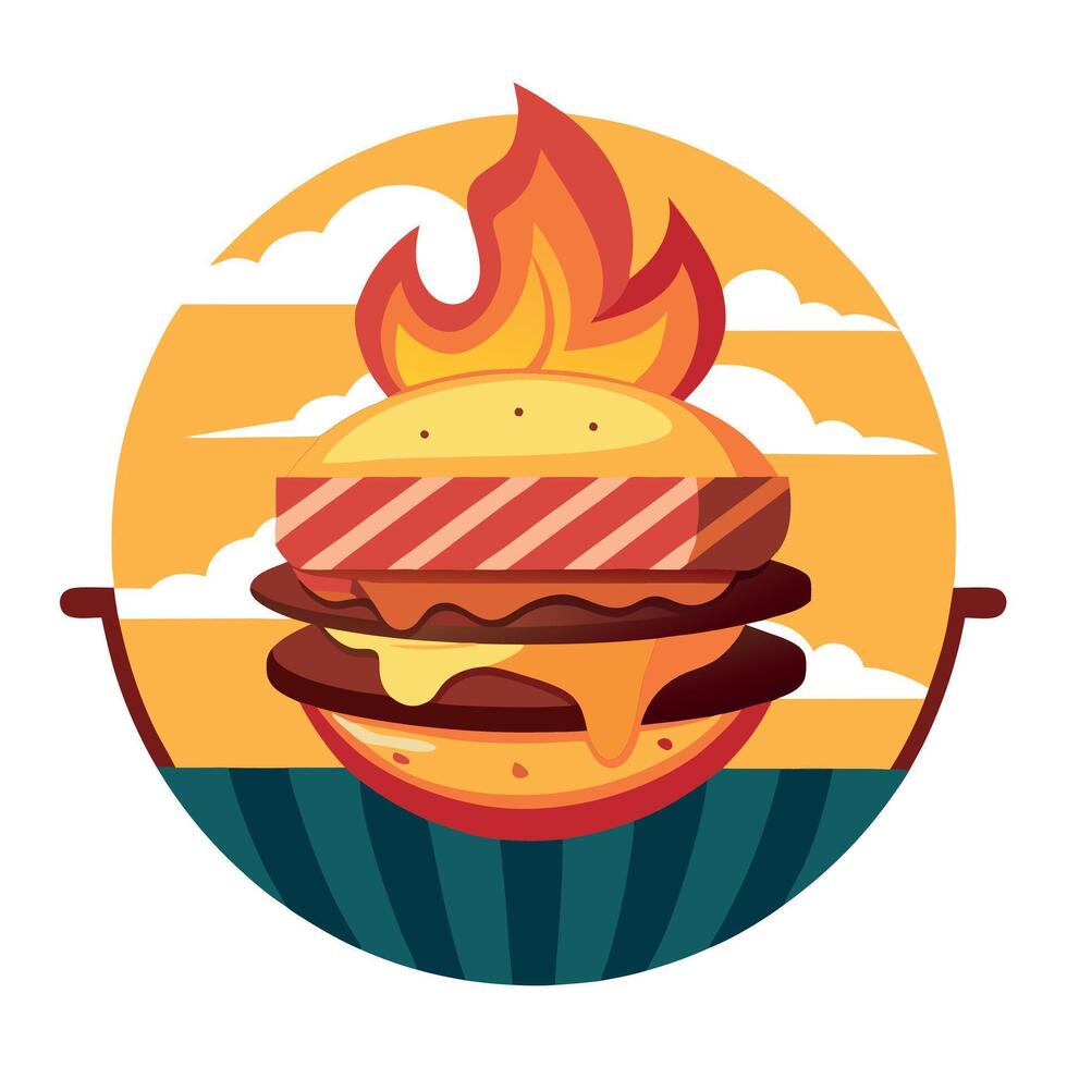 Gourmet Bacon Cheeseburger on Grill with Flaming Background - Juicy and Colorful Burger Ingredients vector