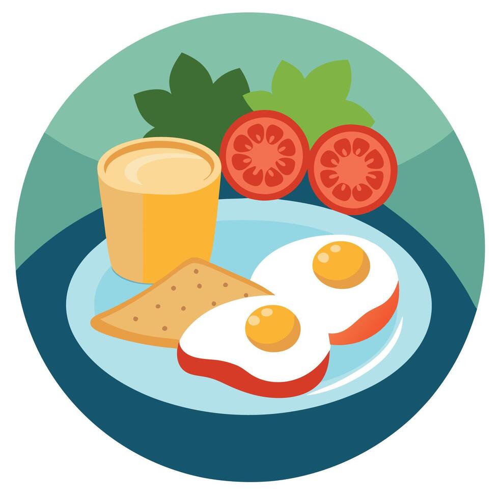 Breakfast spread with fresh egg. tomatoes. and toasts displayed on a plate with a rustic background. vector