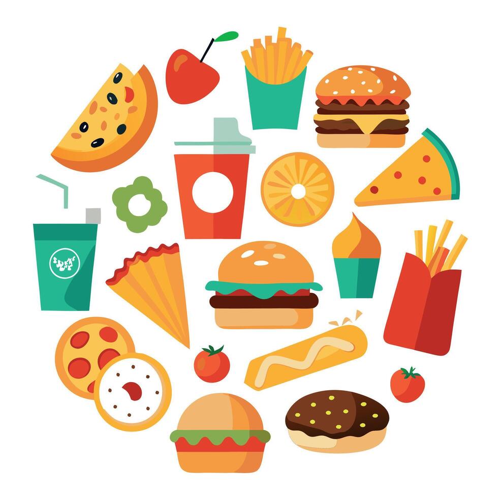 An assortment of quick and unhealthy meals. including chicken. fries. pizza. sandwiches. bacon. beef vector