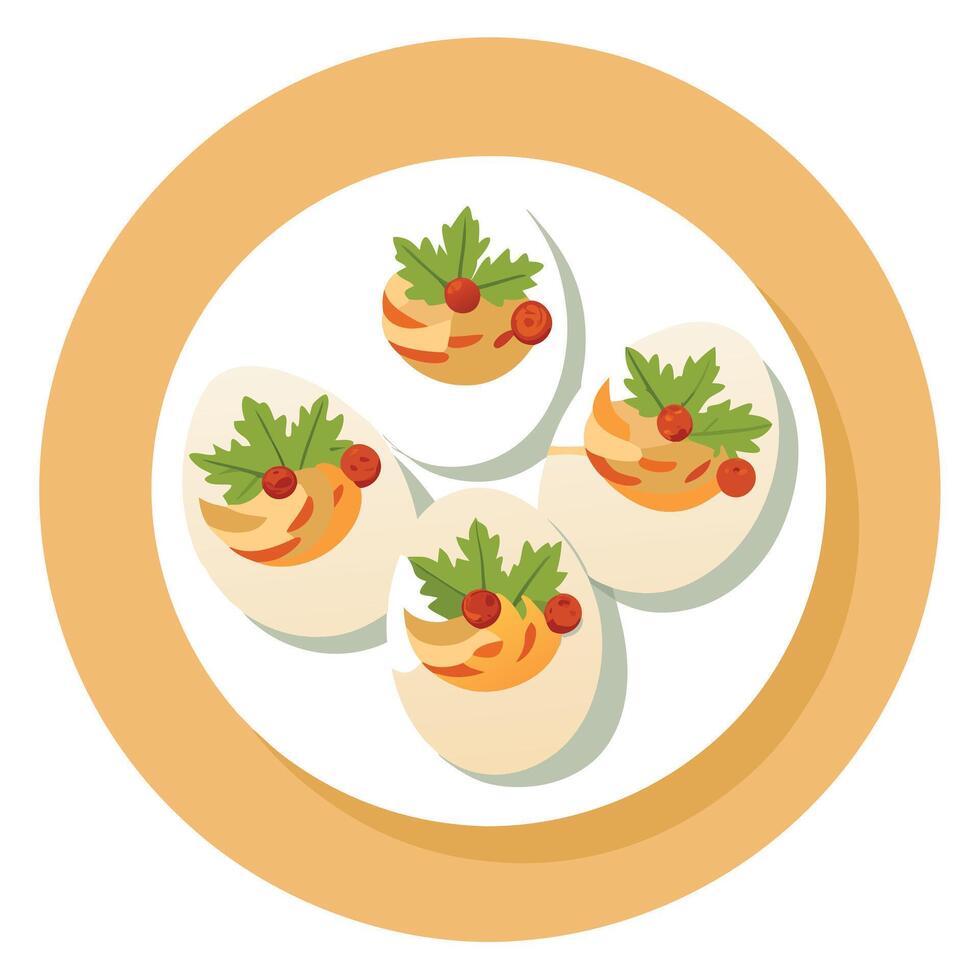 Arrange of deviled eggs garnished with crispy bacon pieces and fresh parsley leaves on a white plate vector