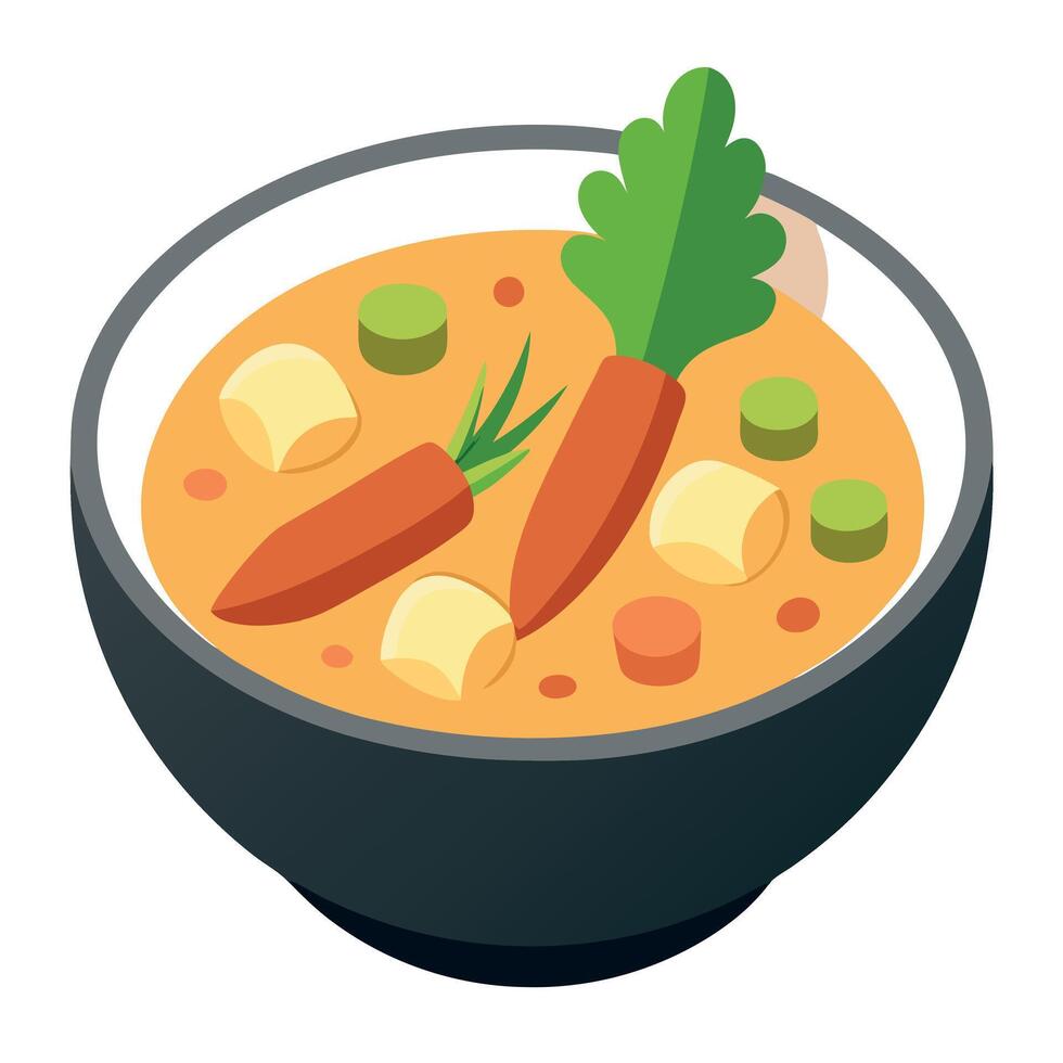 A delicious and comforting bowl of German Kartoffelsuppe with potatoes. carrots. leeks. and celery. vector