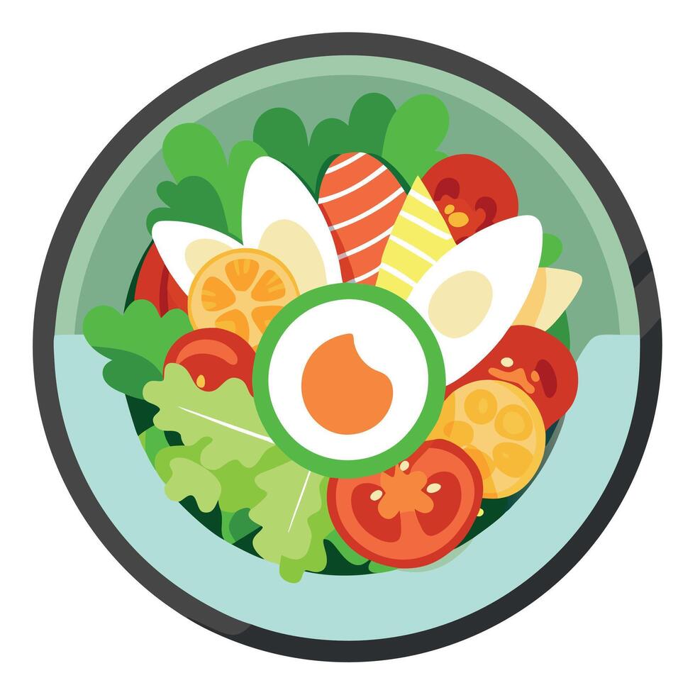 A top view of a hearty Cobb salad on a wide-rimmed bowl. featuring rows of chopped romaine lettuce. vector