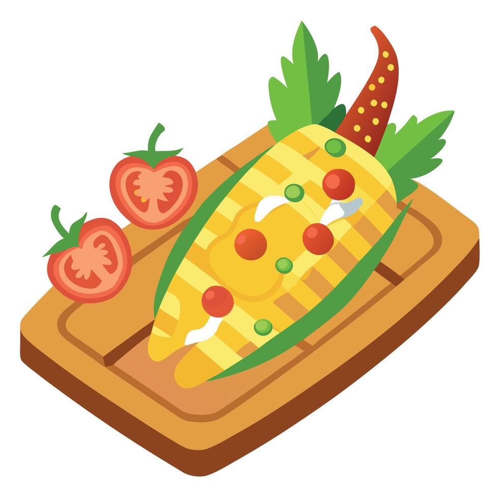 Freshly grilled corn kernels mixed with juicy cherry tomatoes. crispy bacon. and fragrant cilantro. vector