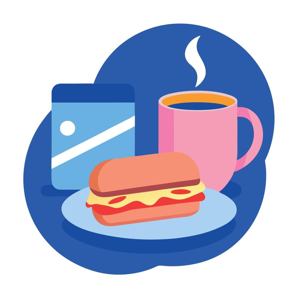 Composition of a cup of tea with a sandwich with bacon on a blue background. aesthetics background. vector