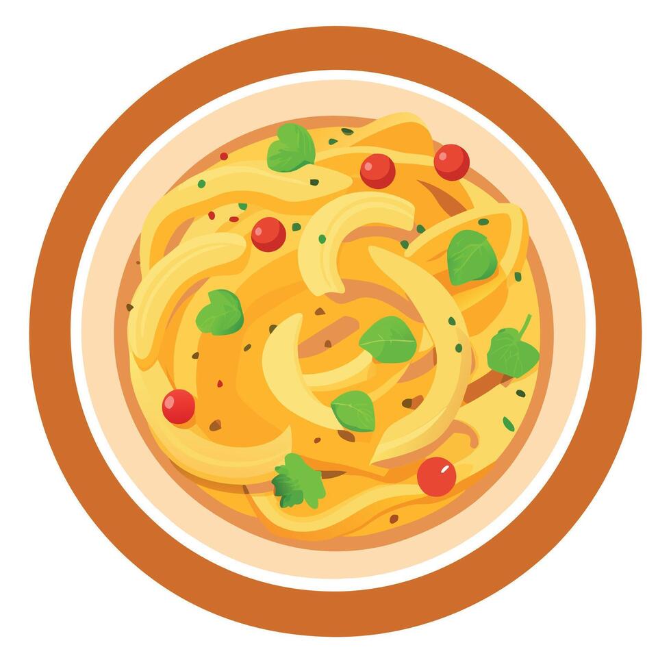 Delicious. creamy. golden-hued pasta carbonara dish. garnished with fresh parsley and crispy bacon. vector