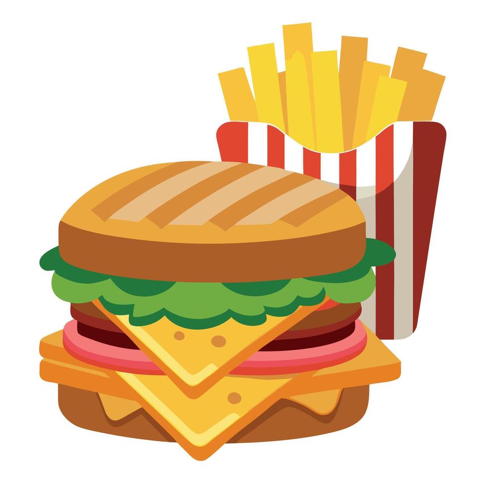 Classic American meat and cheese sandwich served with crispy fries consisting of a ground beef patty vector