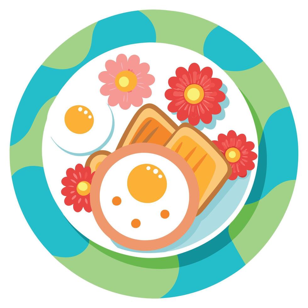 Delicious breakfast plate with sunny-side-up eggs. crispy bacon. and toasted bread on a floral table vector