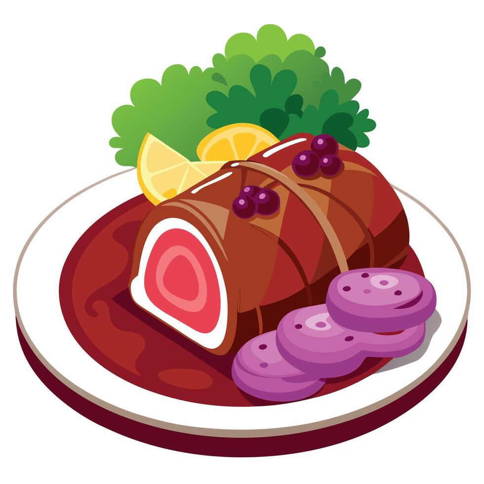 Classic german beef rouladen with bacon and onion. accompanied by red cabbage and rich mashed potato vector
