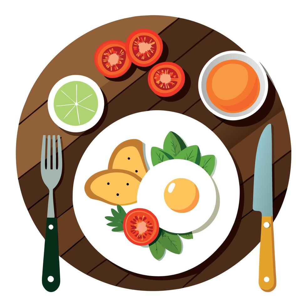 A top-down view of a delicious breakfast consisting of fried eggs. avocado. tomatoes. and garnishes vector