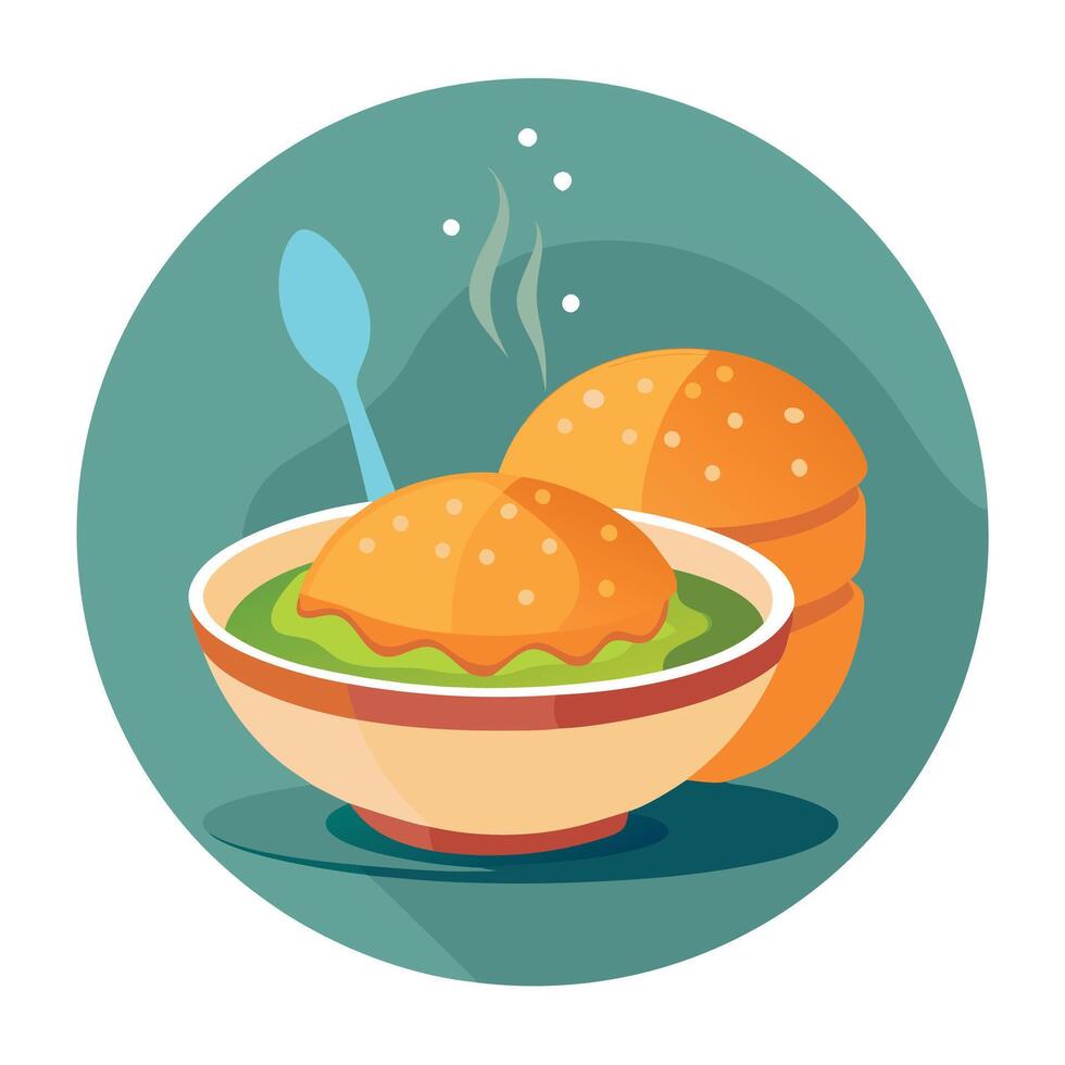 Homemade Cheeseburger Soup with Buns. Hot and Delicious Diet Soup on Background with Epicure Spoon. vector