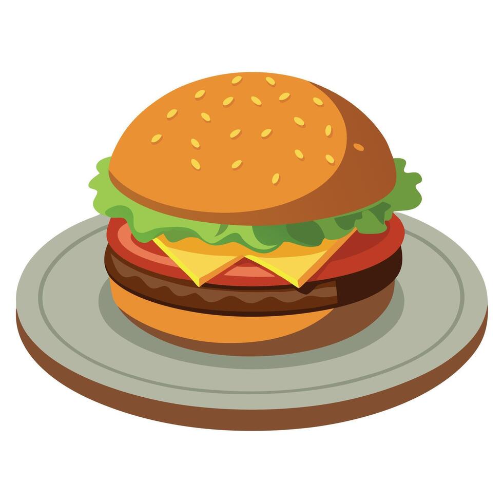 A classic cheeseburger on a white plate. with lettuce. tomato. and cheese. on a wooden table. vector