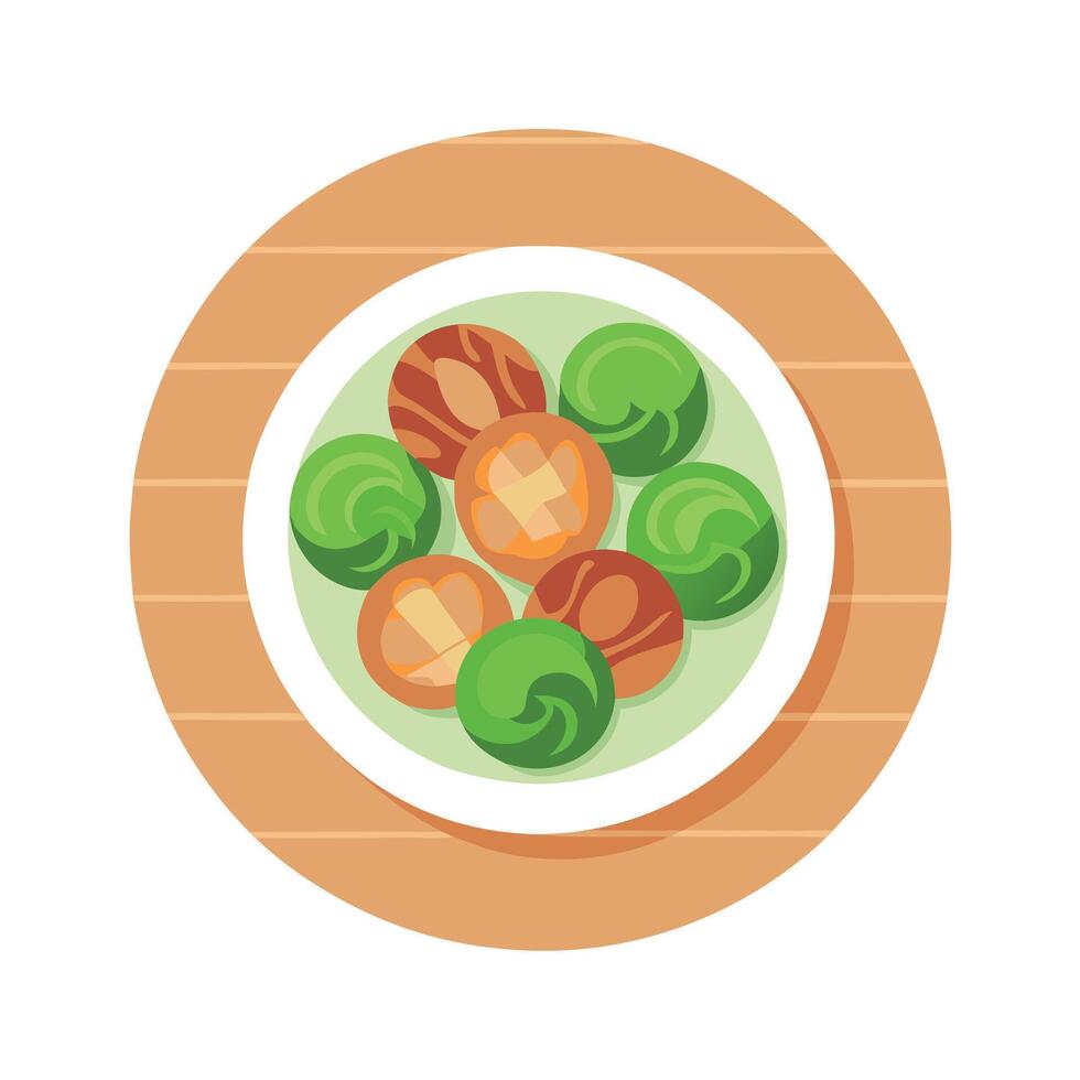 Flat lay of bacon topped Brussels sprouts on white wooden surface featuring copy space image vector