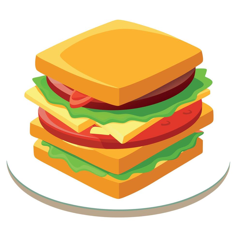 Delicious layered sandwich with fresh vegetables. cheese. and crispy bacon served on a white plate. vector