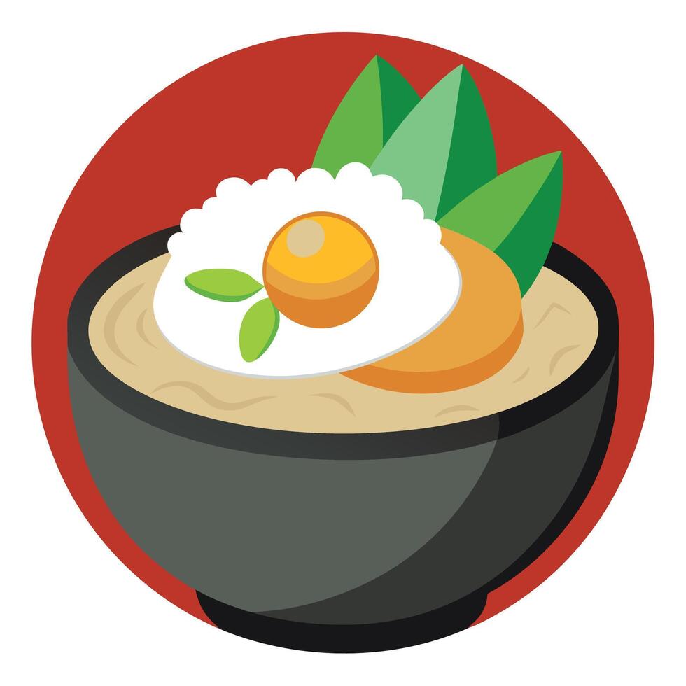 Sticky rice paired with spicy Thai basil chicken. topped with a fried egg. Warm. smooth back vector