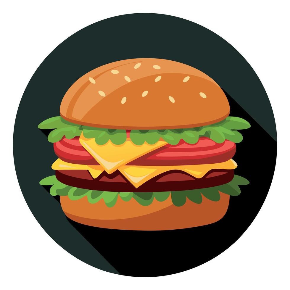 Delicious bacon cheeseburger with beef. tomato. onion. and crisp lettuce on a dark backdrop. vector