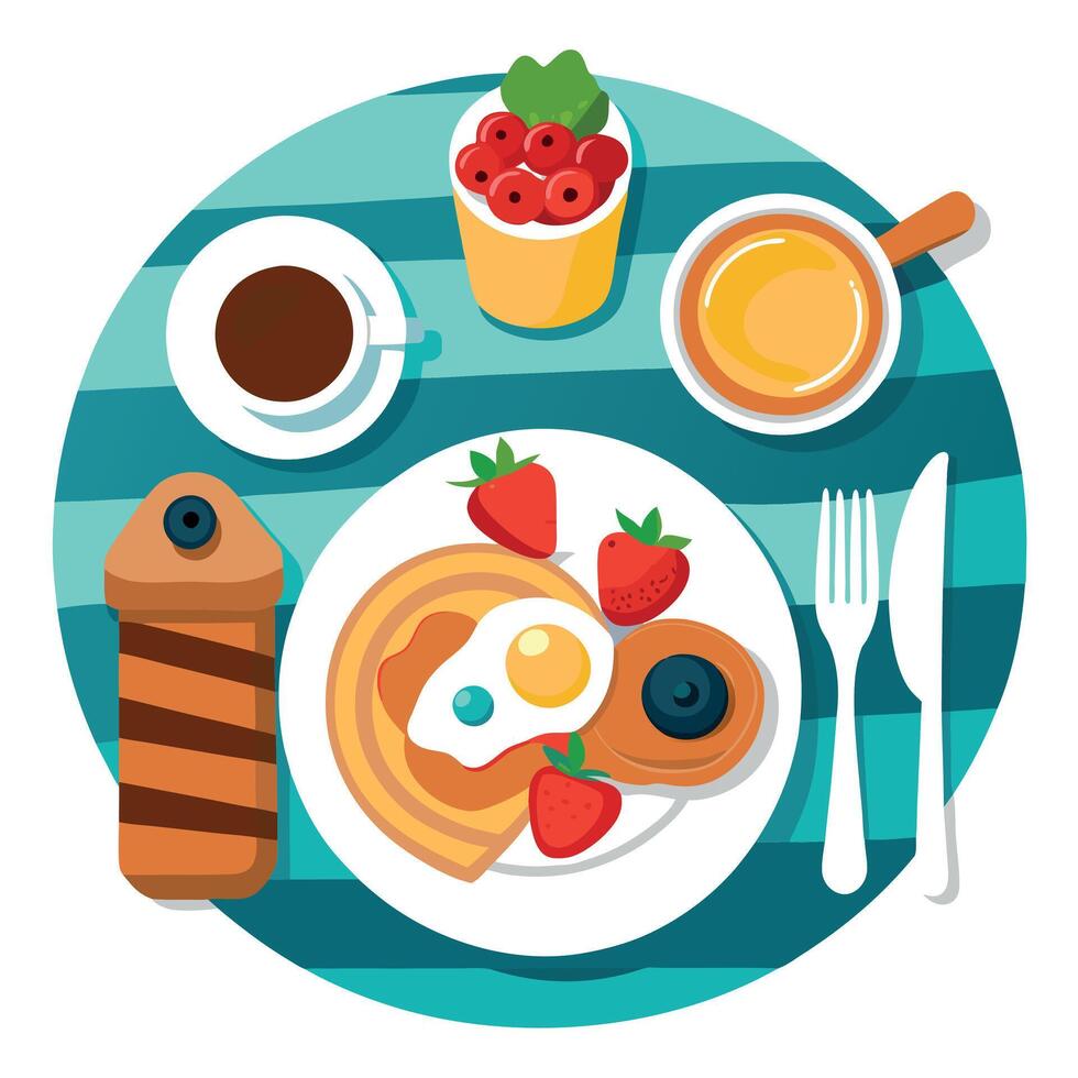 Delicious breakfast spread featuring pancakes. eggs. bacon. fresh fruit. and coffee on a rustic wood vector