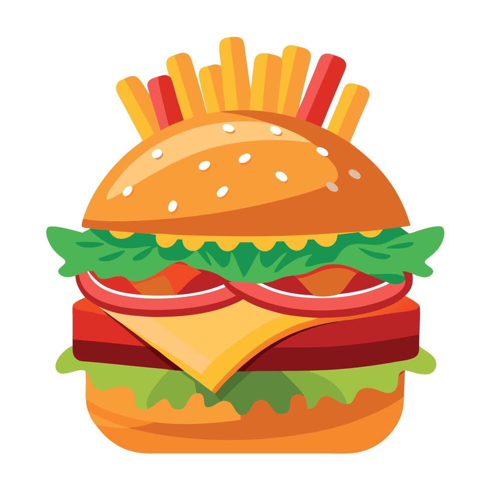 Delicious Juicy Bacon Cheeseburger with Lettuce. Tomato. and French Fries for a Perfect Meal vector