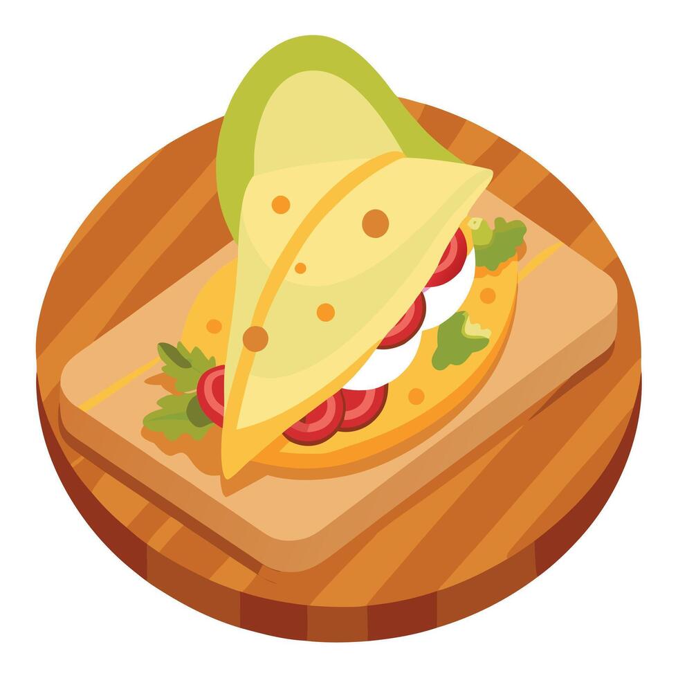 Delicious quesadilla filled with cheese. vegetables. and bacon. plated beautifully on a wooden board vector