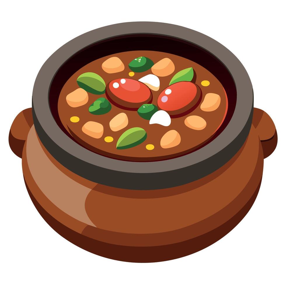 Close up of traditional Brazilian dish feijoada in brown clay bowl on a wooden kitchen table vector