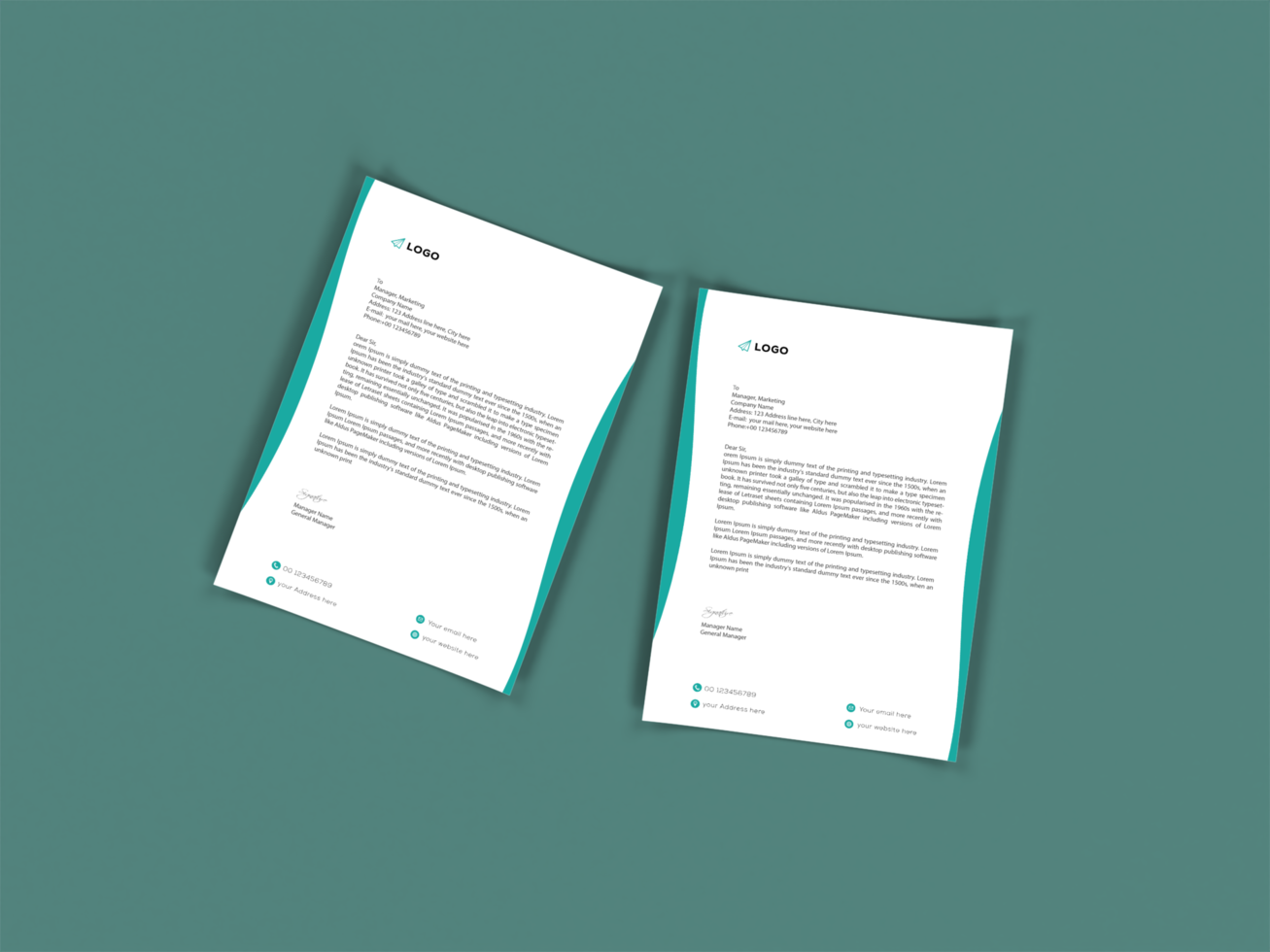 Right Isolated View Two Letterhead mockup template. psd