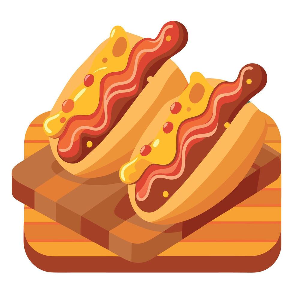 Delicious hot dogs with crispy bacon and melted cheese on rustic wooden board vector