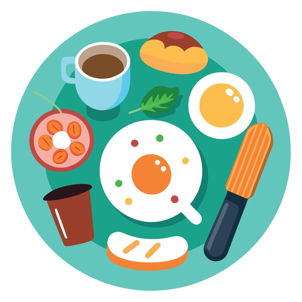 Breakfast with pan fried egg. sausage. bacon. salad serve with bread. hot coffee and soup. vector