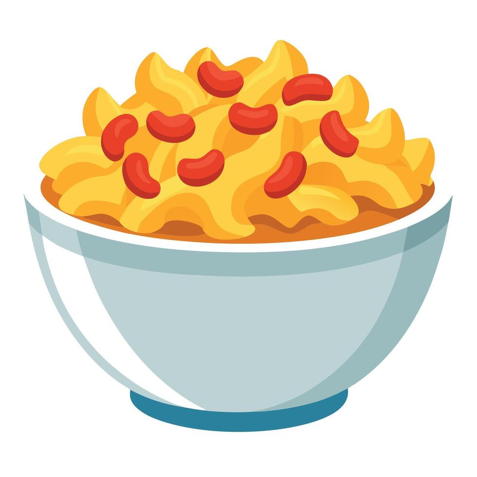 A white bowl overflows with macaroni and cheese. topped with crispy bacon pieces vector