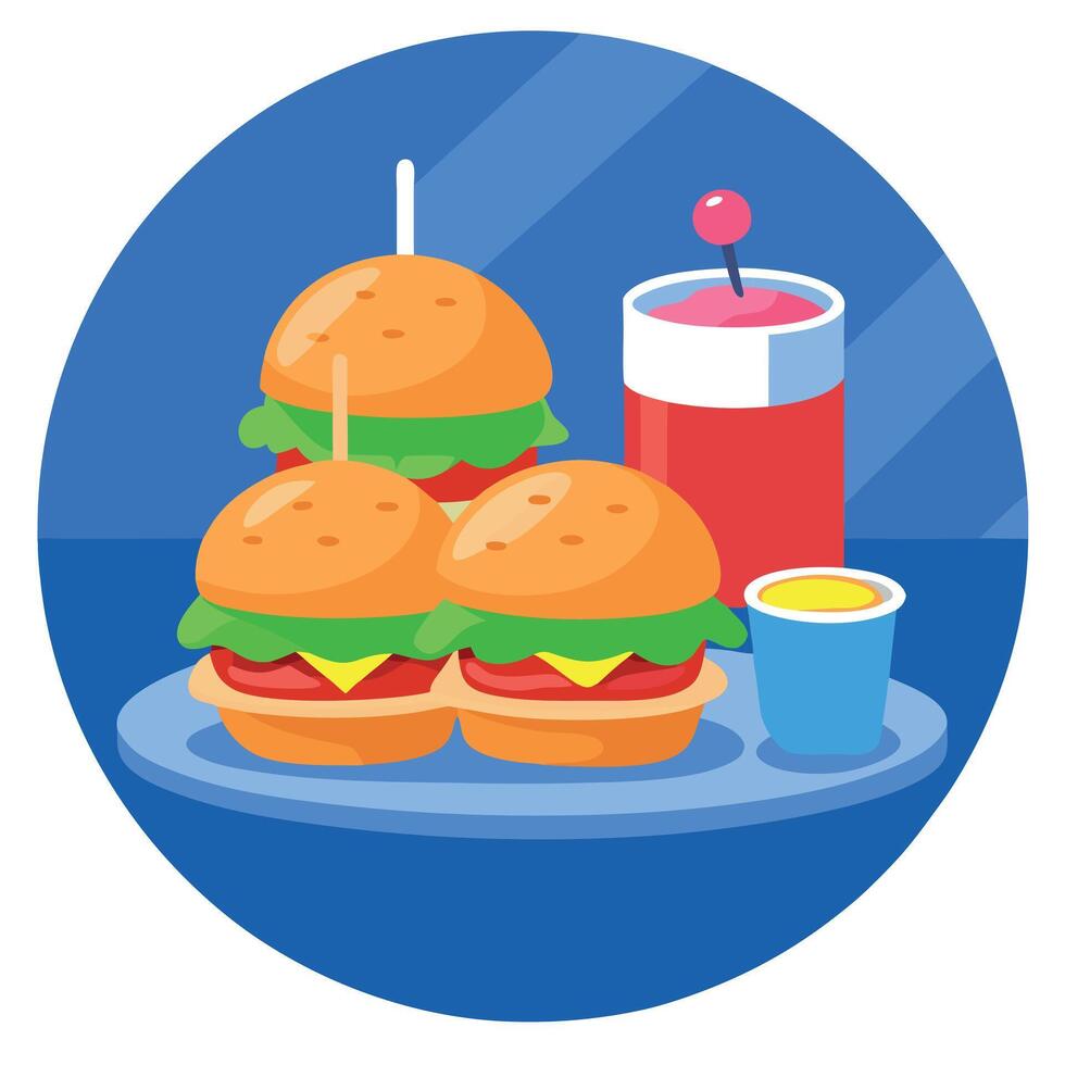 Homemade chicken sliders grilled over a blue table with vegetables and sauce vector