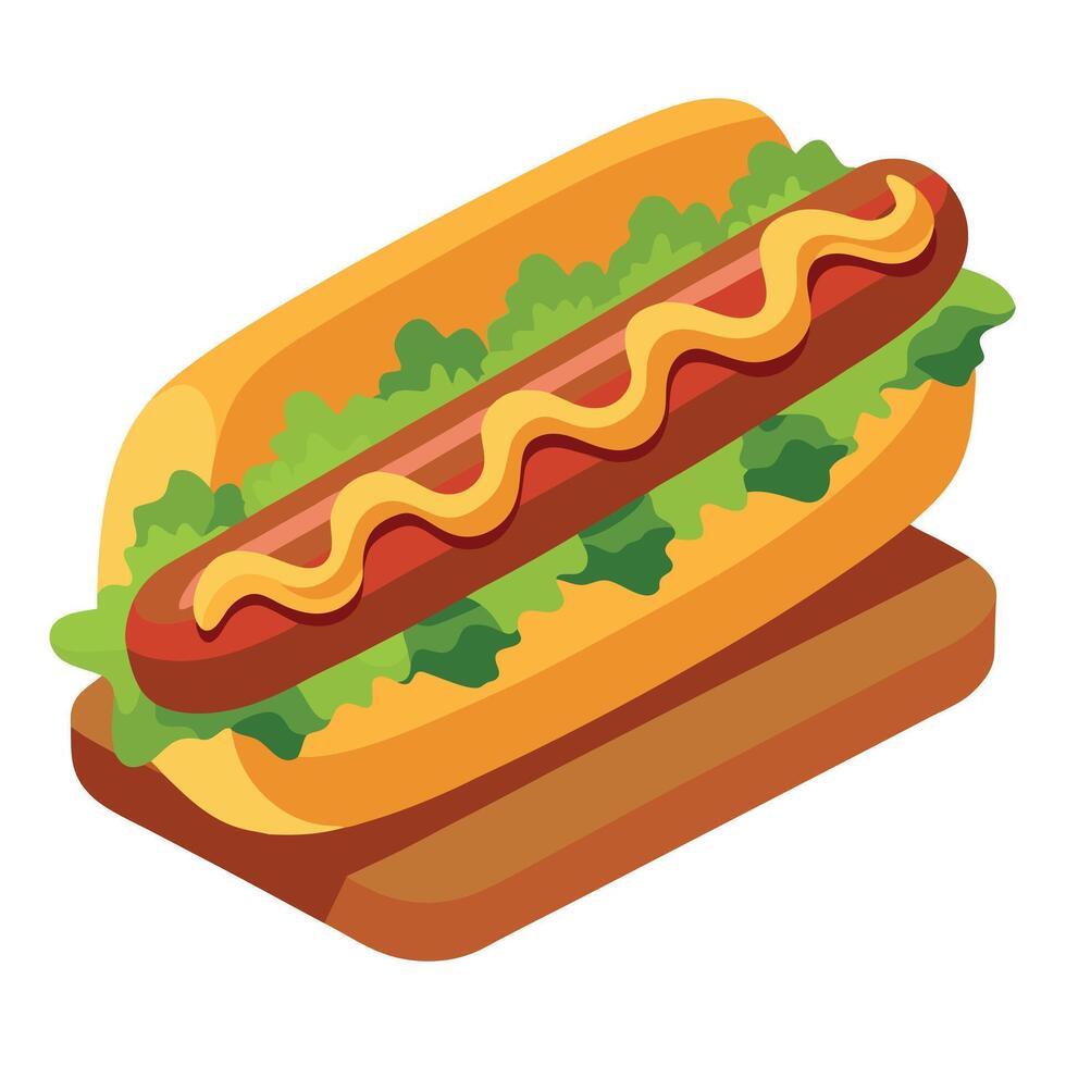 Hotdog sandwich with crispy bacon. onions. mustard and lettuce on a wooden tray. vector