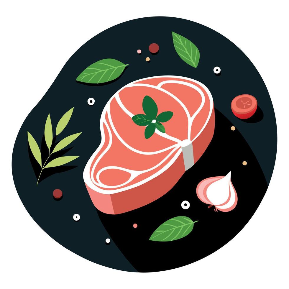 Set of raw meat. Pork meat on black stone background with spices and herbs. Top view. vector