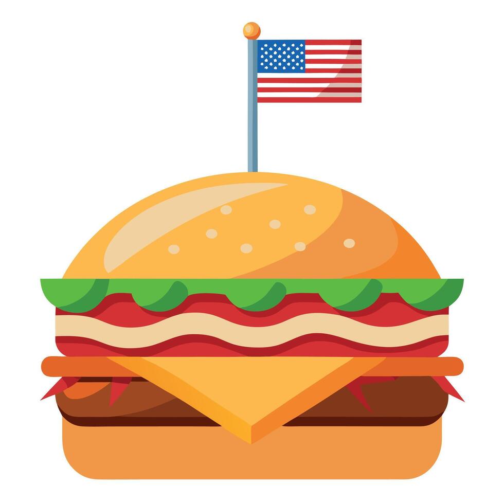 Close Up of a Juicy Burger With Bacon. Cheese. and Tomato Topped With a Small American Flag vector