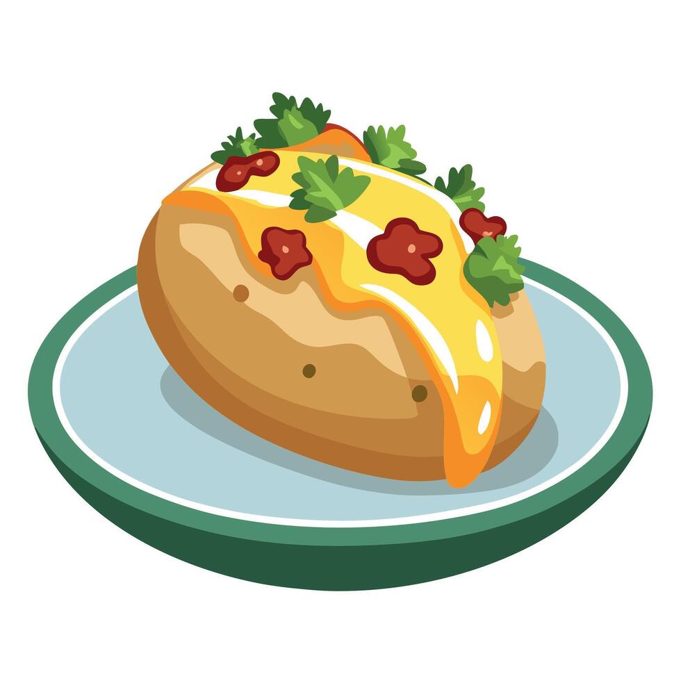 Loaded baked potato with melted cheese. bacon. and parsley. served on a plate. ready to eat vector